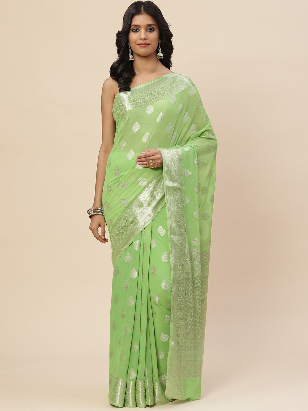 

Meena Bazaar Green & Silver-Toned Woven Design Zari Saree