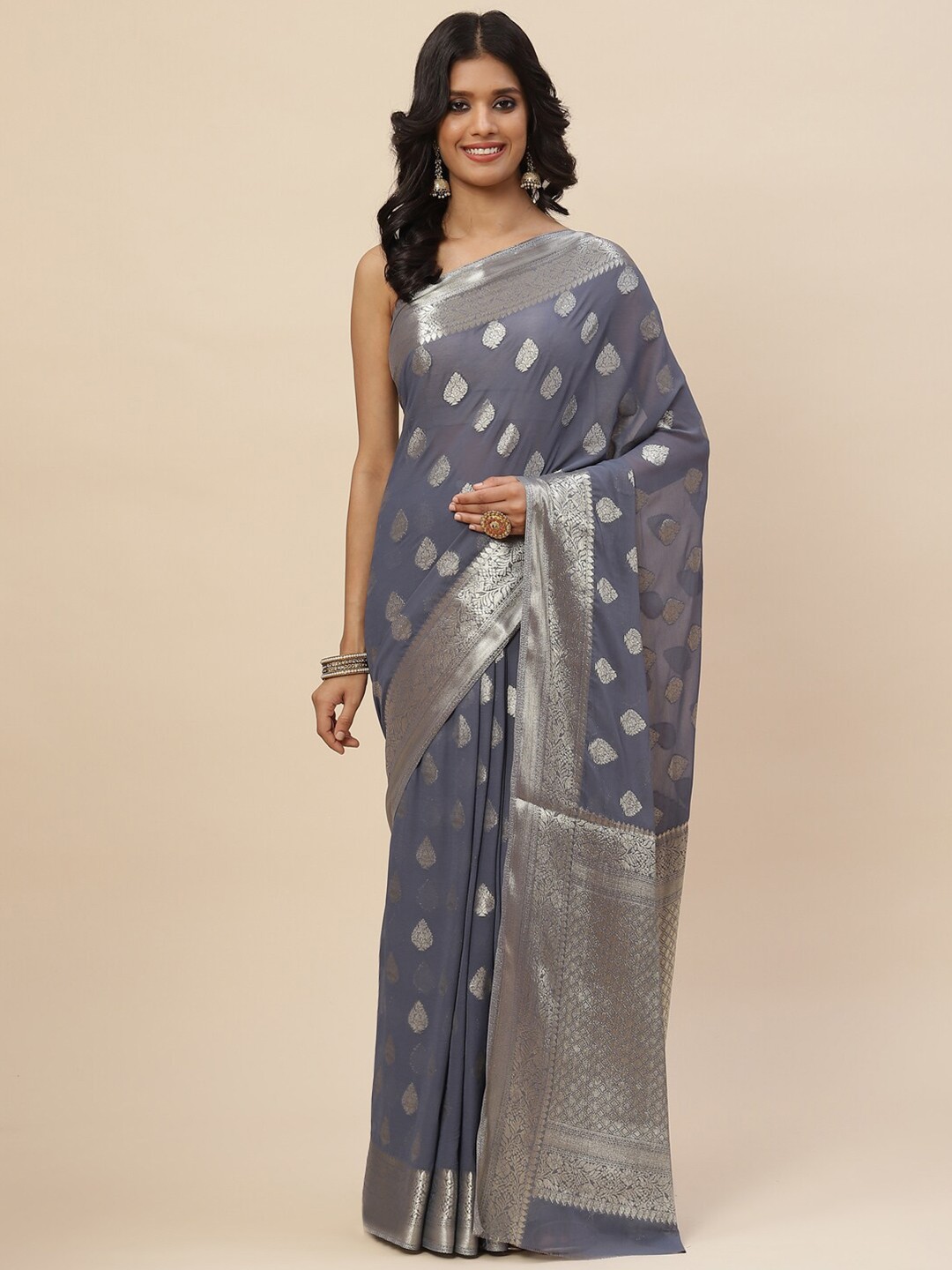 

Meena Bazaar Grey & Silver-Toned Woven Design Zari Saree
