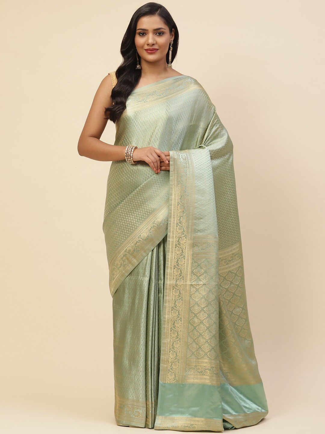 

Meena Bazaar Green & Gold-Toned Woven Design Zari Satin Saree