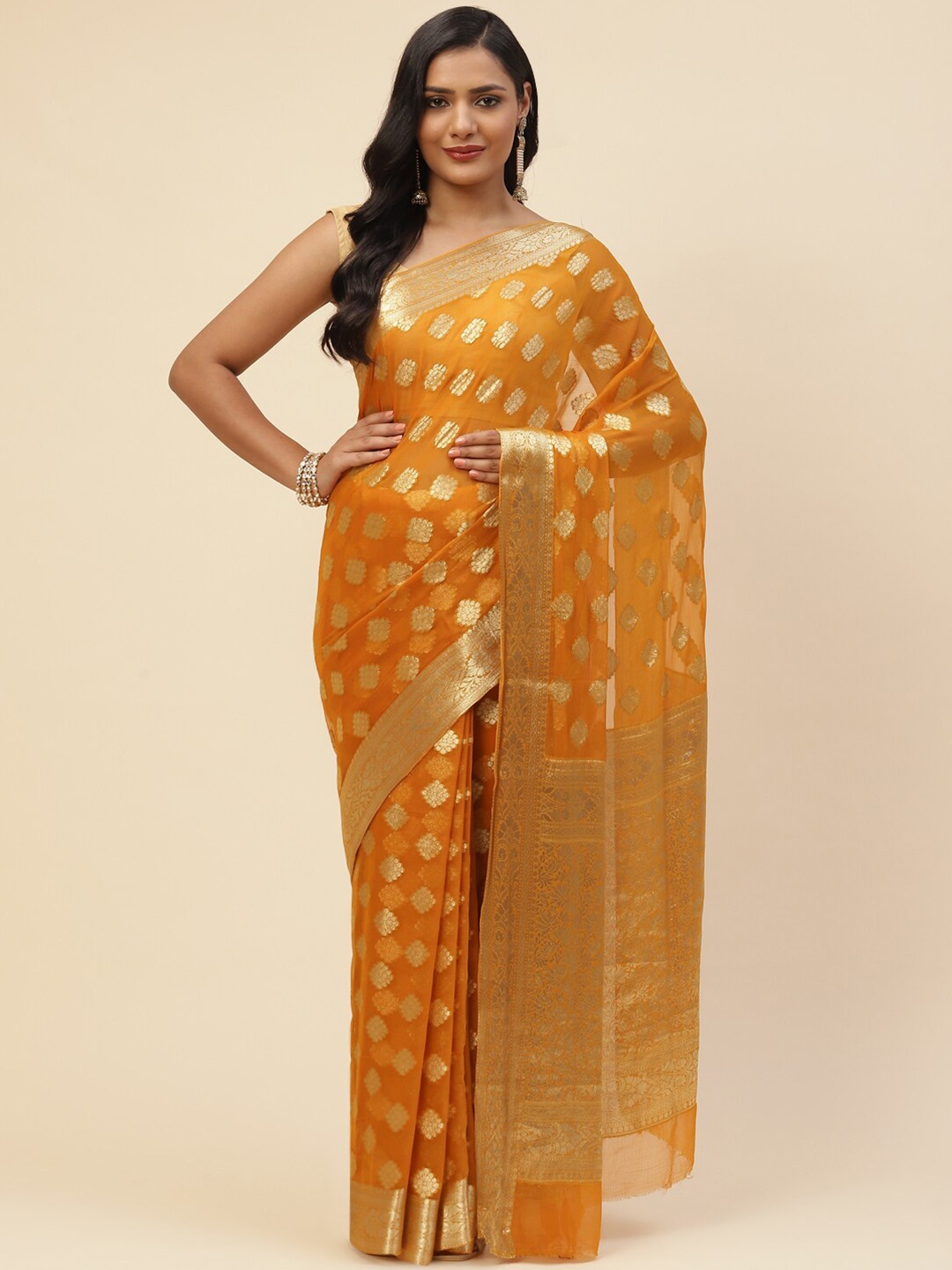 

Meena Bazaar Mustard & Gold-Toned Woven Design Zari Saree