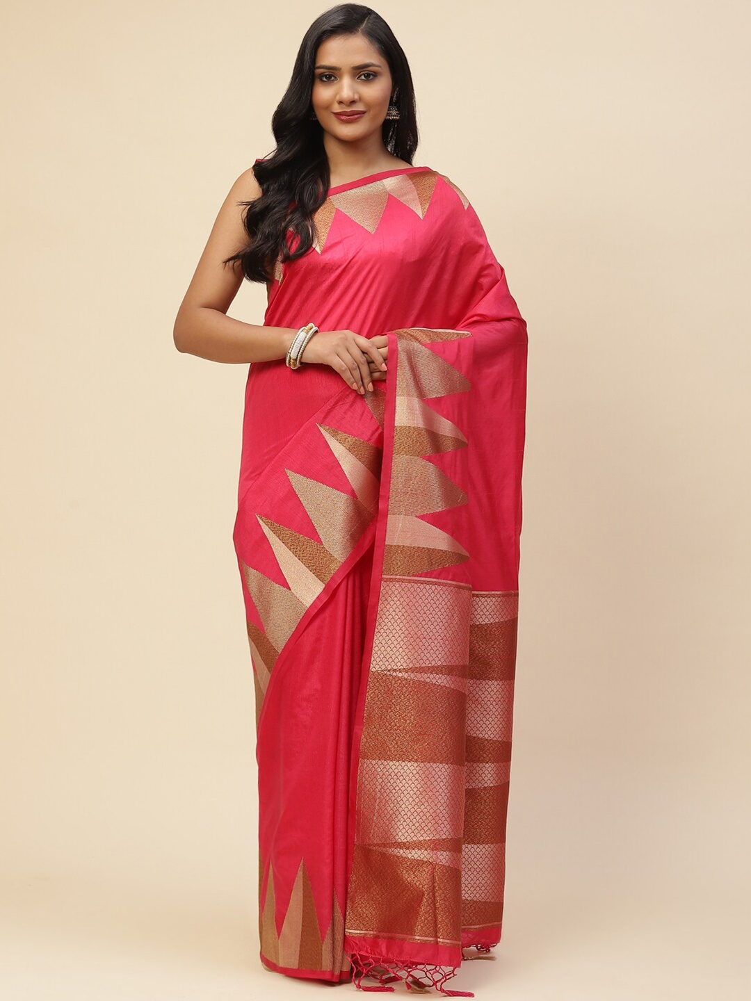 

Meena Bazaar Pink & Gold-Toned Woven Design Zari Art Silk Saree