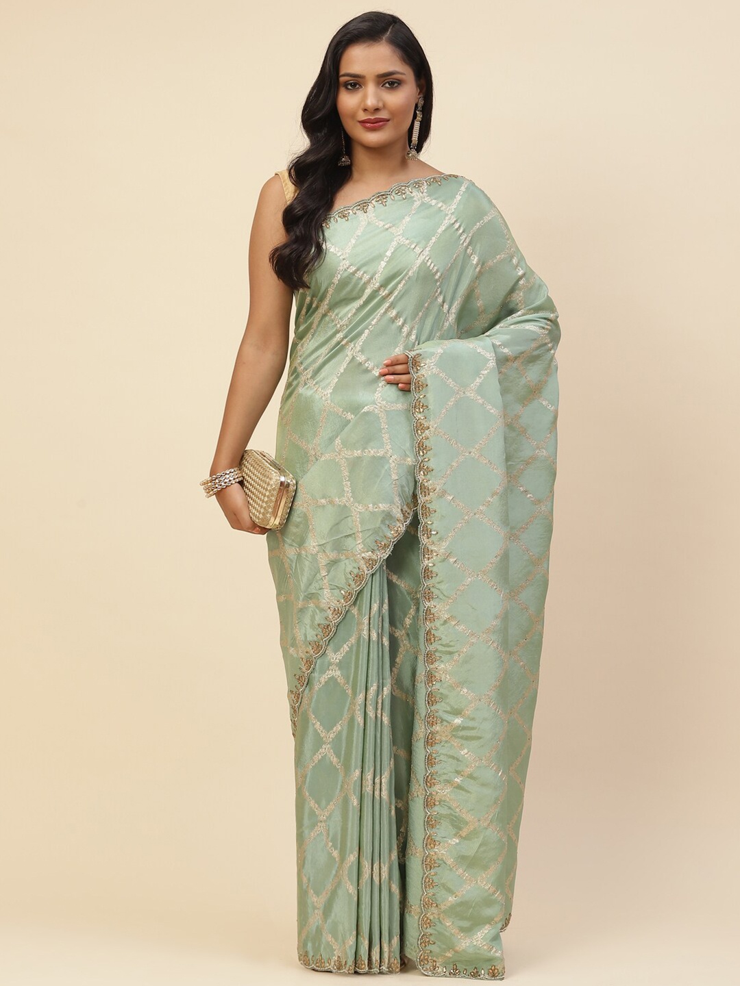 

Meena Bazaar Sea Green & Gold-Toned Woven Design Sequinned Art Silk Banarasi Saree