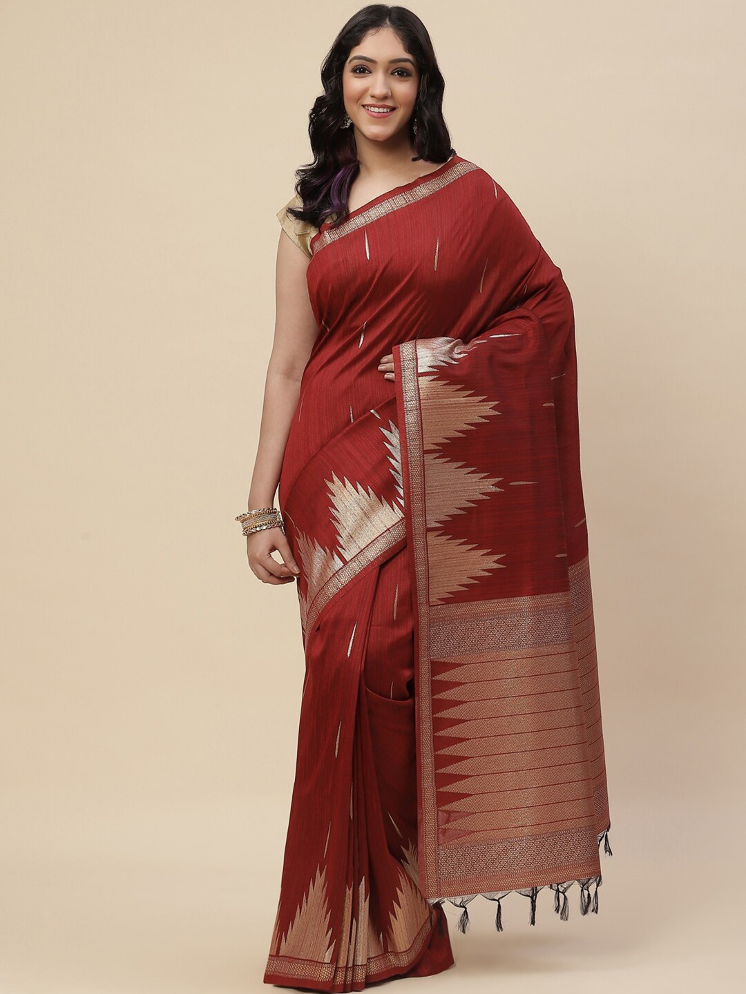 

Meena Bazaar Maroon & Gold-Toned Woven Design Zari Art Silk Tussar Saree