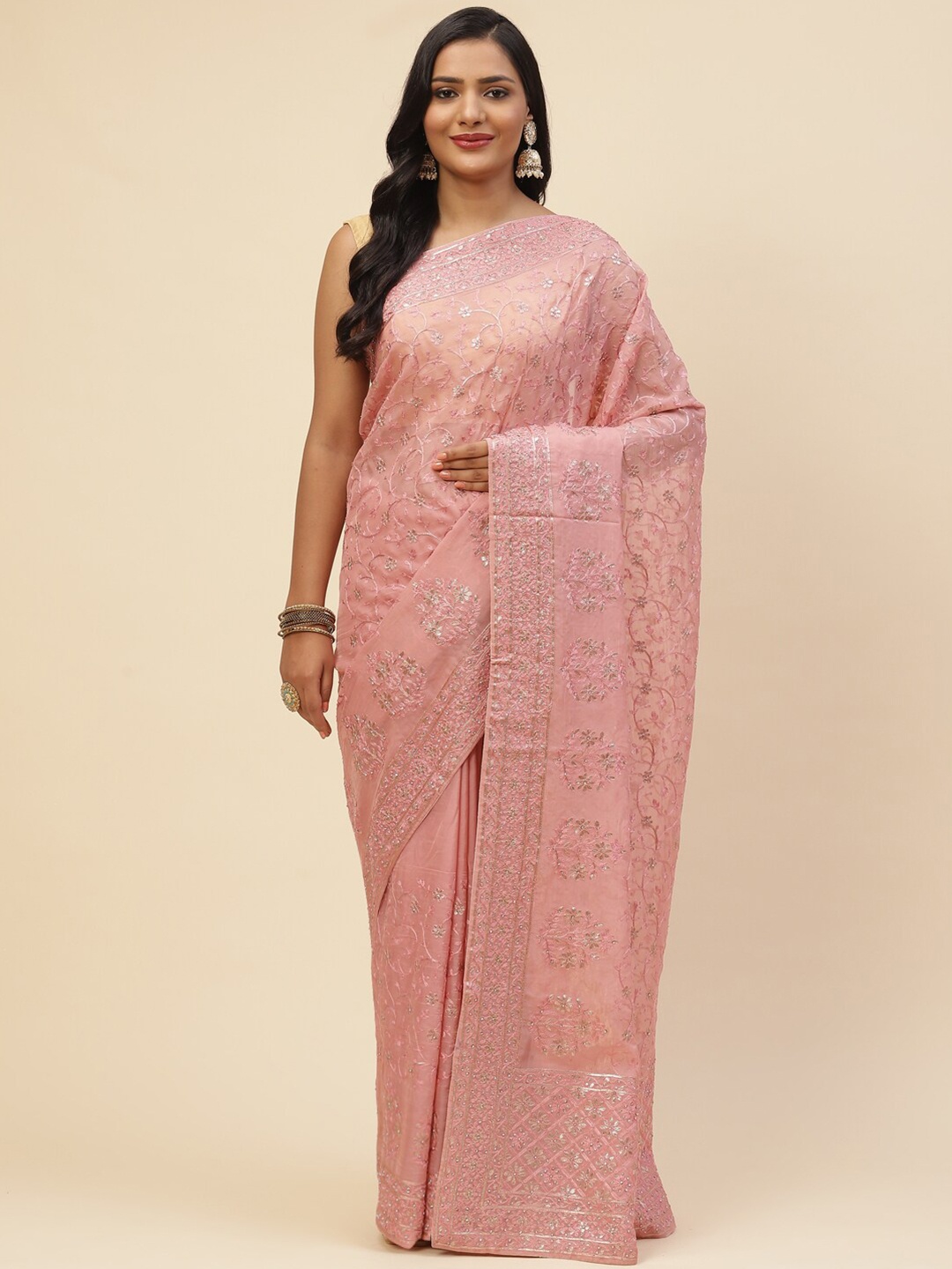 

Meena Bazaar Pink & Silver-Toned Floral Sequinned Organza Saree
