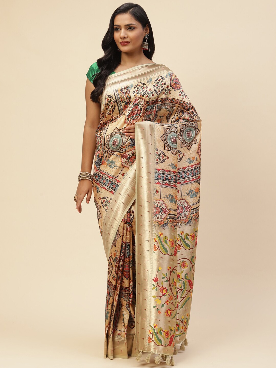 

Meena Bazaar Beige & Red Floral Satin Saree