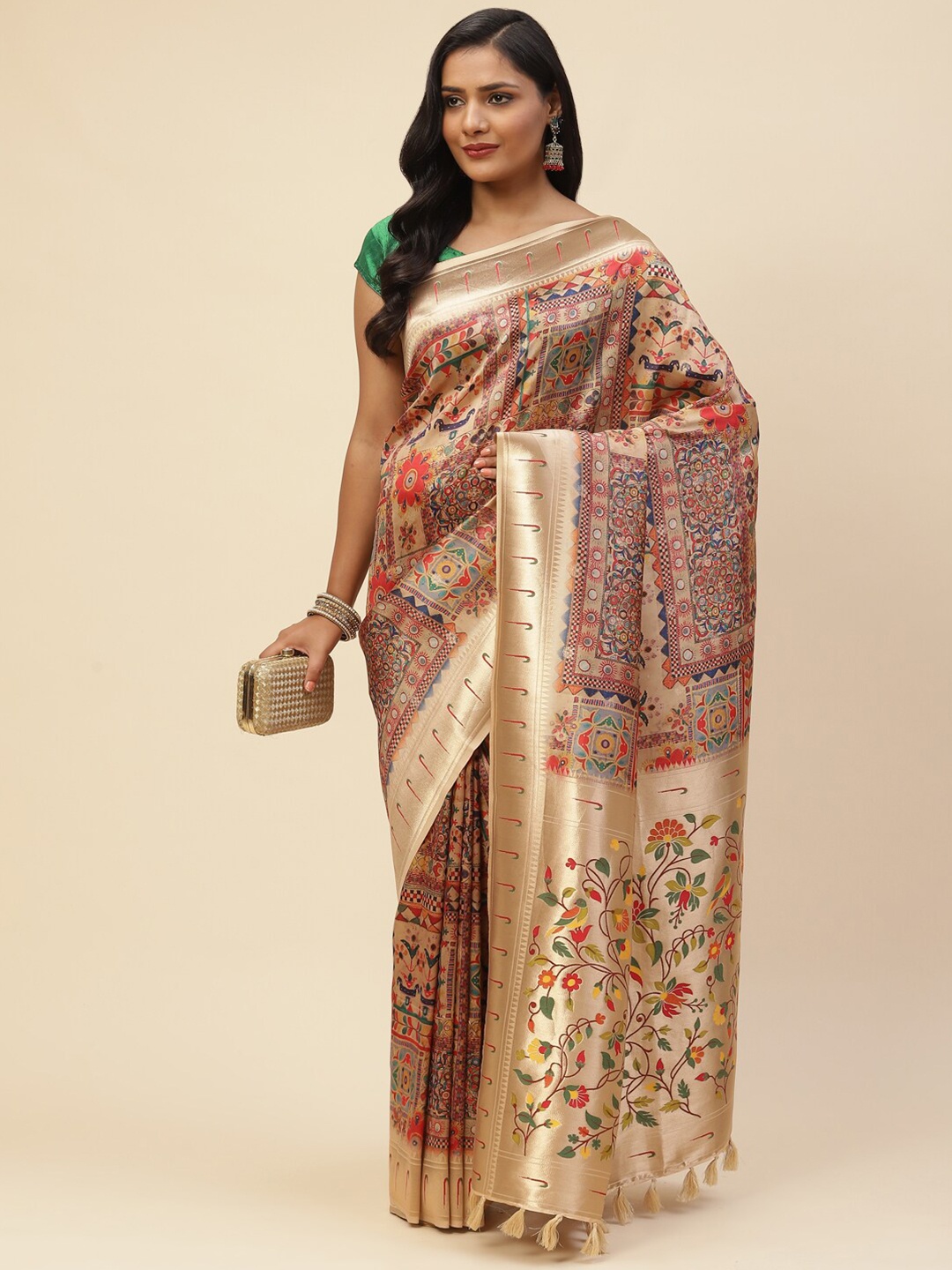 

Meena Bazaar Beige & Red Floral Satin Saree