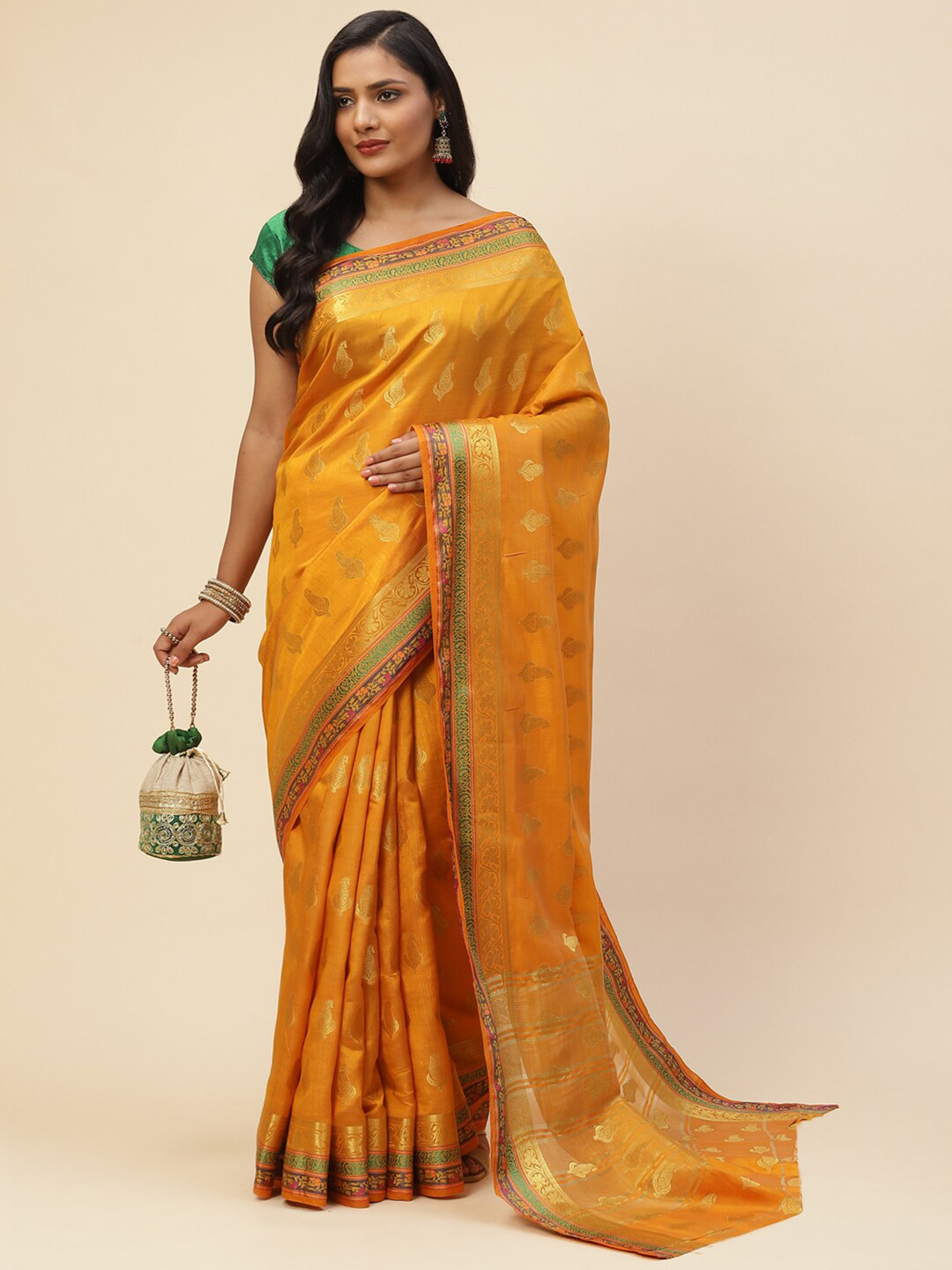 

Meena Bazaar Mustard & Gold-Toned Woven Design Zari Art Silk Saree
