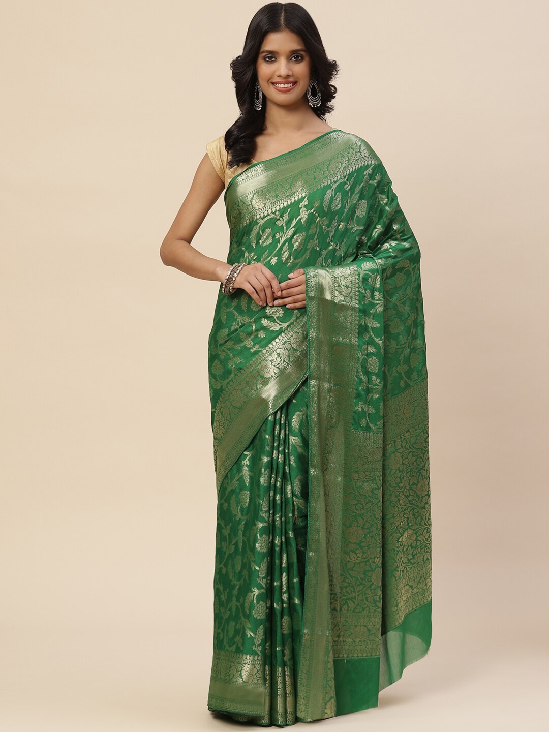

Meena Bazaar Green & Gold-Toned Woven Design Zari Saree