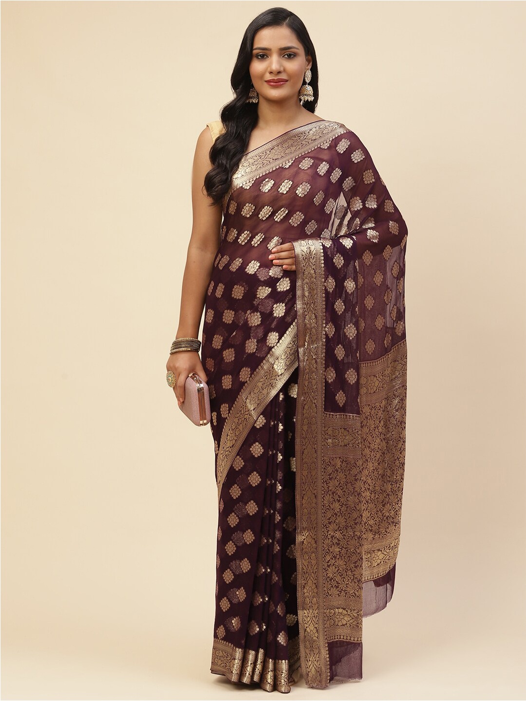 

Meena Bazaar Purple & Gold-Toned Woven Design Zari Saree