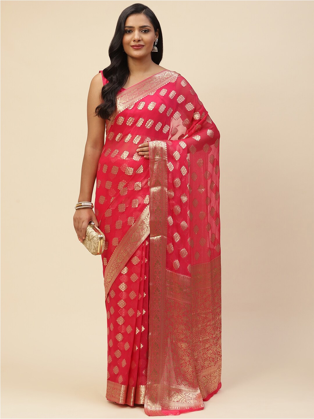 

Meena Bazaar Pink & Gold-Toned Woven Design Zari Saree