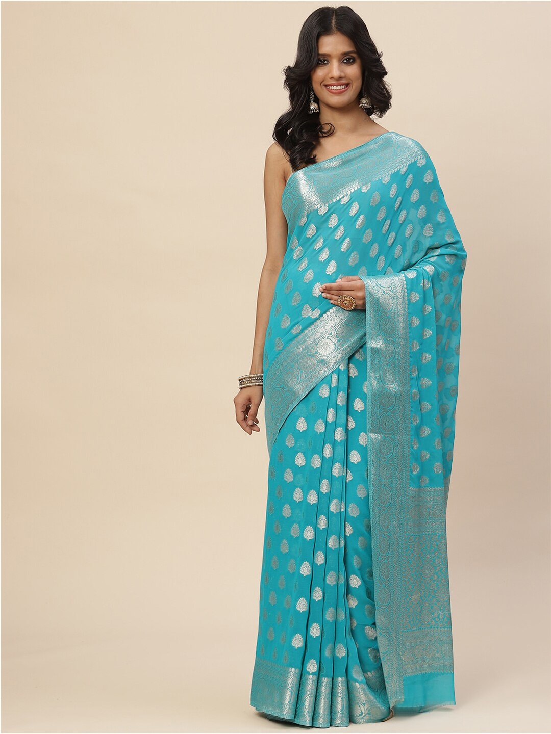 

Meena Bazaar Blue & Silver-Toned Woven Design Zari Saree
