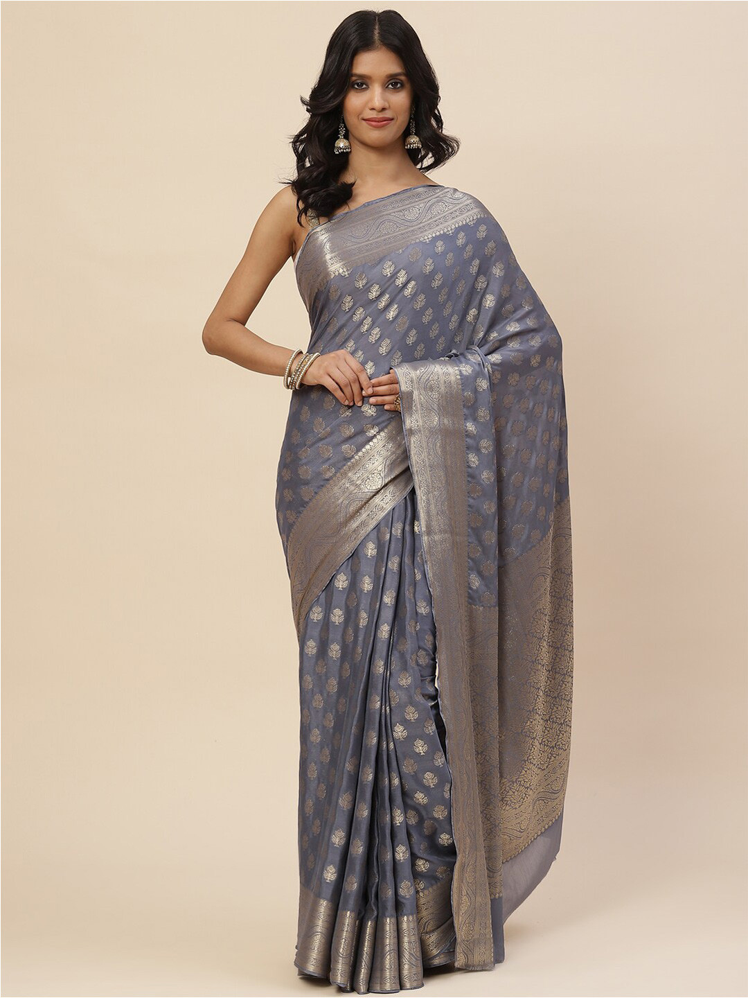 

Meena Bazaar Grey & Silver-Toned Woven Design Zari Saree