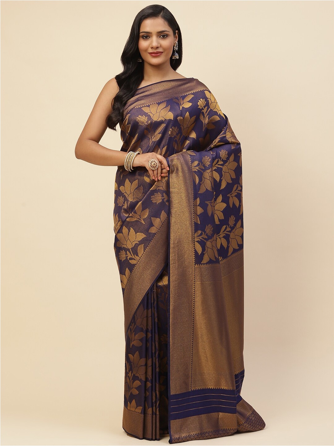 

Meena Bazaar Navy Blue & Gold-Toned Woven Design Zari Art Silk Saree