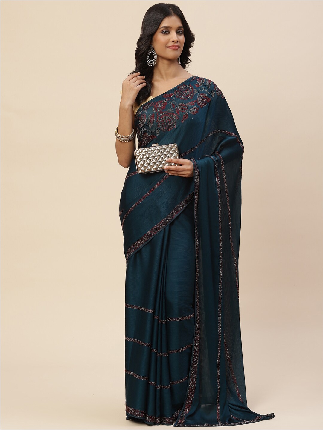 

Meena Bazaar Blue & Red Embellished Beads And Stones Saree