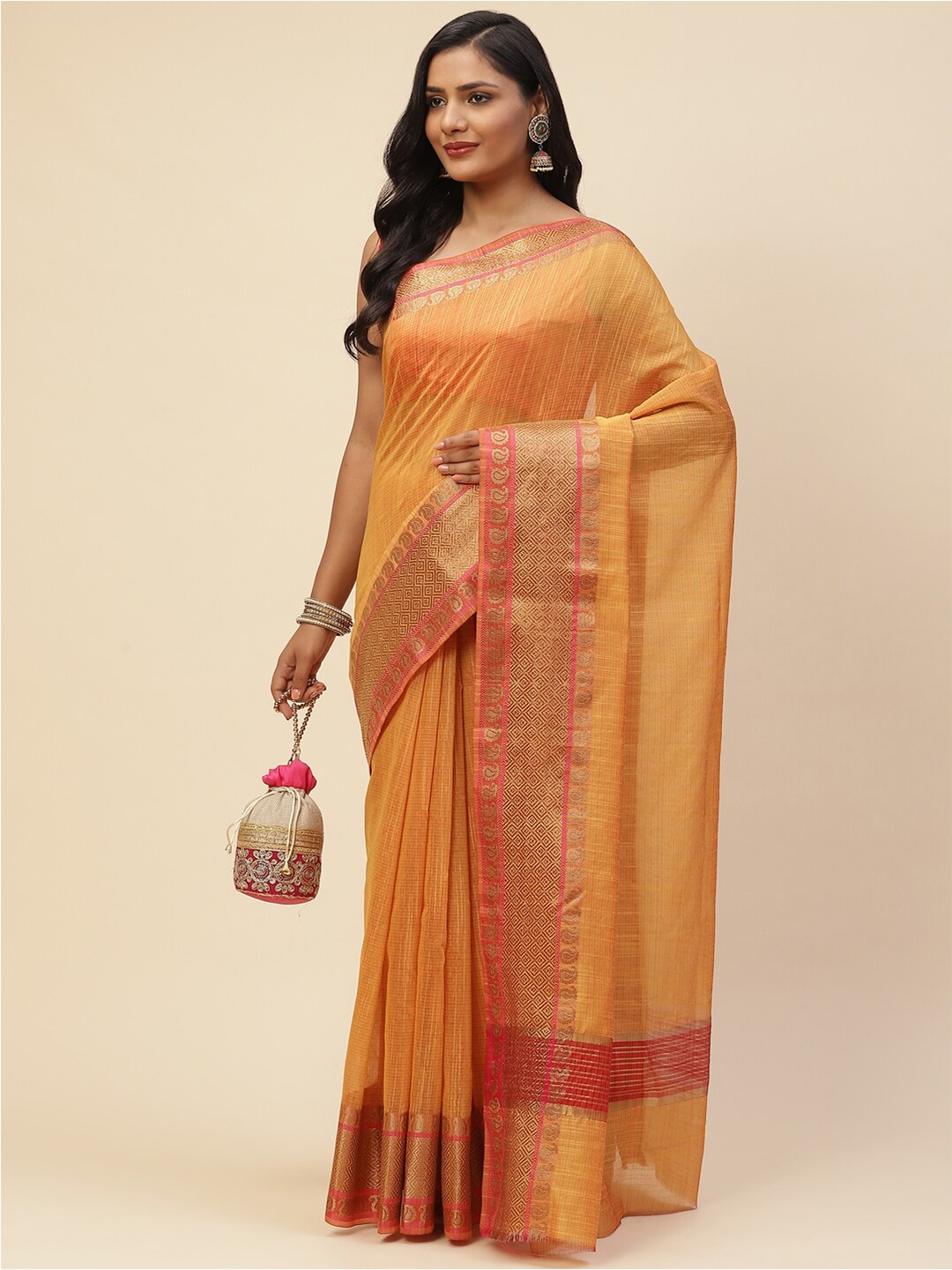 

Meena Bazaar Mustard & Pink Pure Cotton Woven Design Zari Pure Cotton Saree