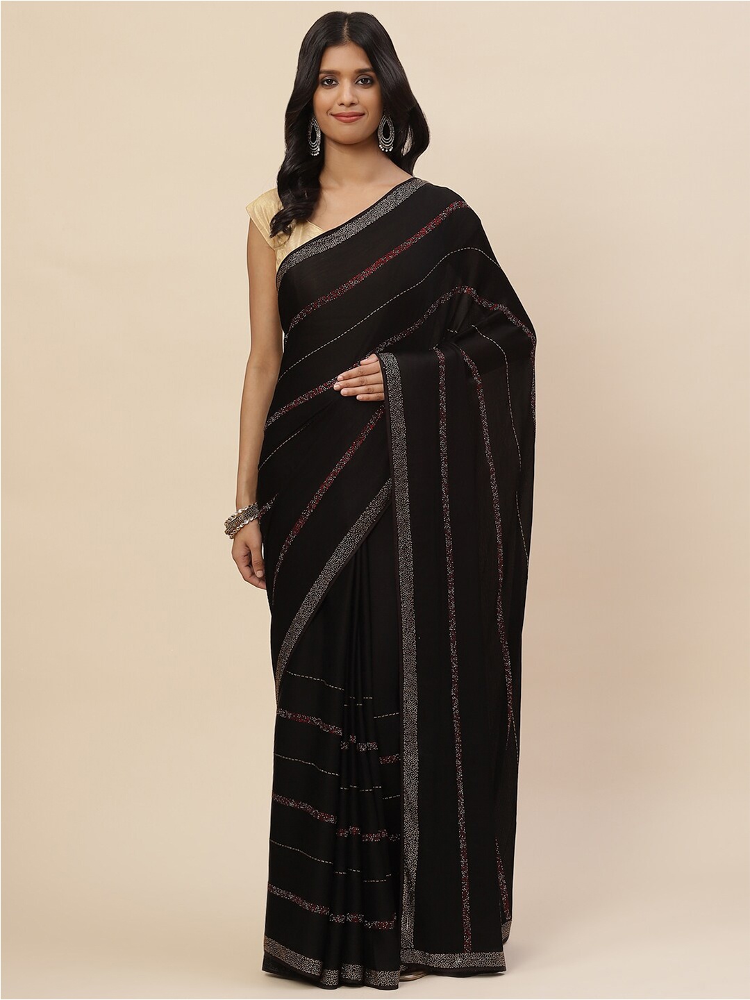 

Meena Bazaar Black & Red Embellished Beads And Stones Saree