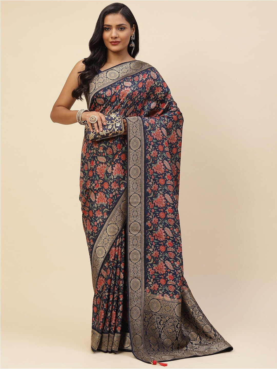 

Meena Bazaar Navy Blue & Peach-Coloured Floral Art Silk Saree