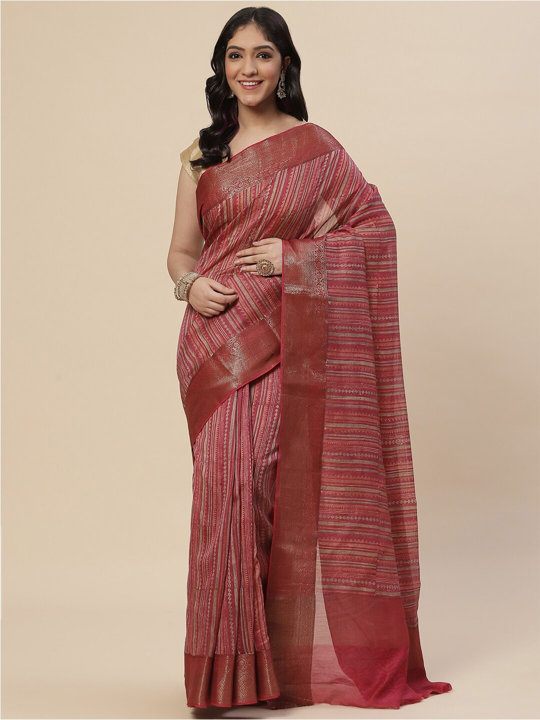 

Meena Bazaar Pink & Gold-Toned Woven Design Zari Pure Cotton Saree