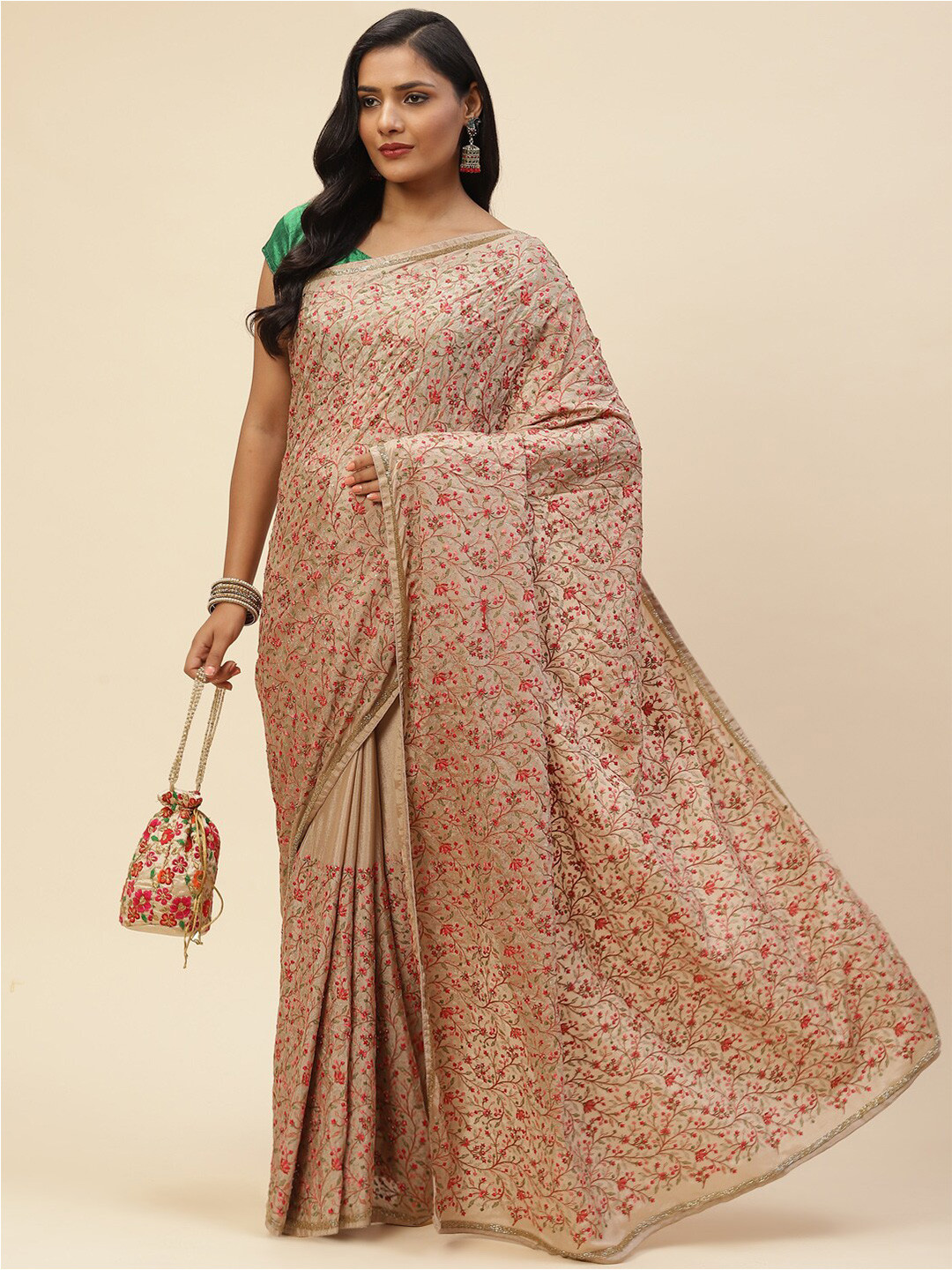 

Meena Bazaar Beige & Red Floral Embroidered Saree