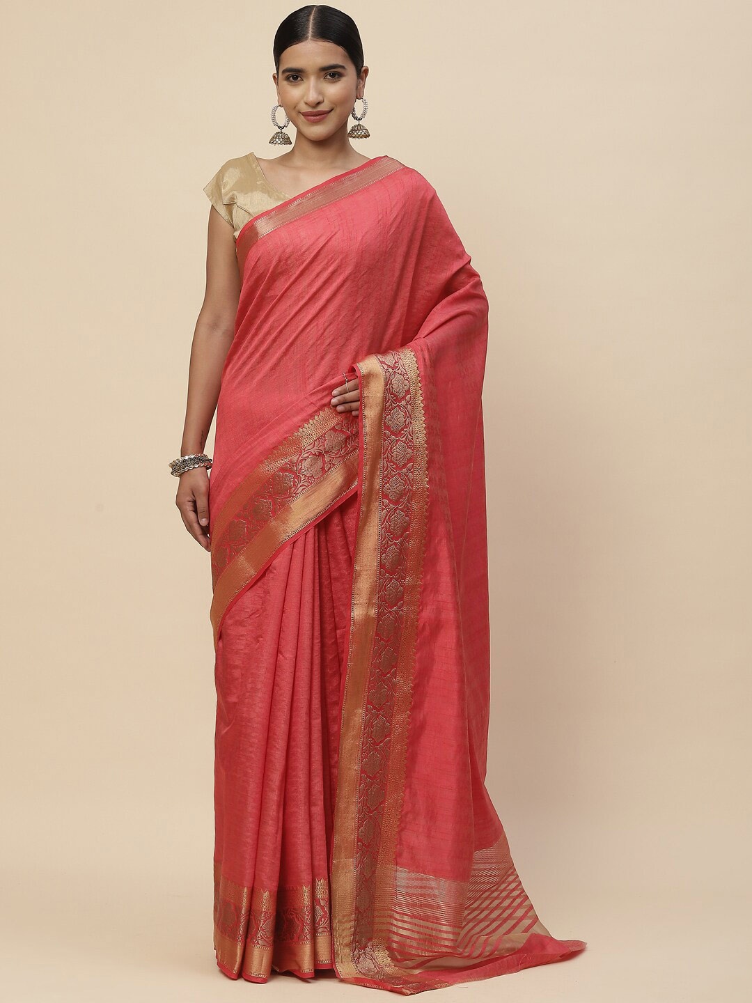 

Meena Bazaar Pink & Gold-Toned Woven Design Zari Art Silk Saree