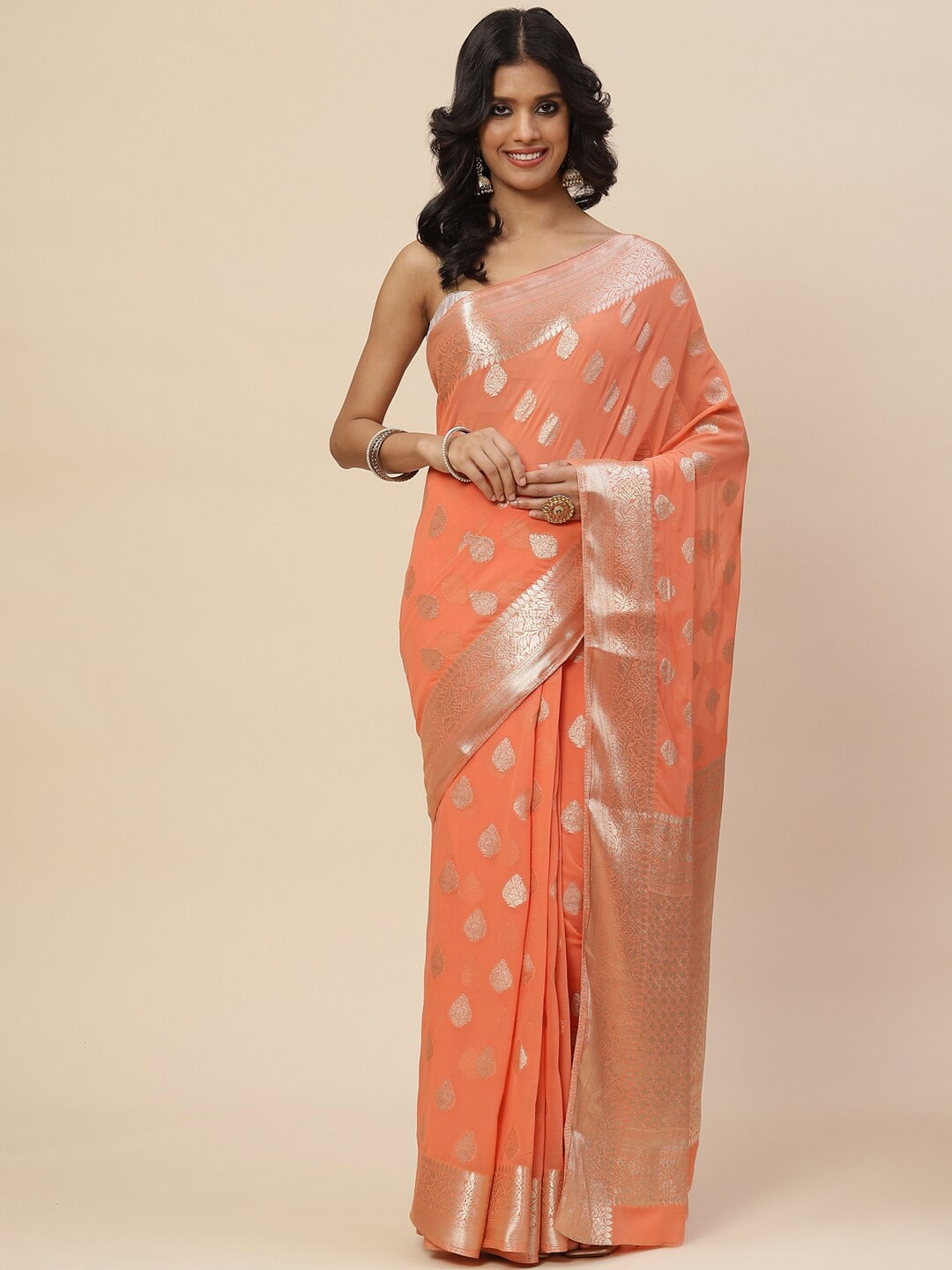 

Meena Bazaar Peach-Coloured & Gold-Toned Woven Design Zari Saree