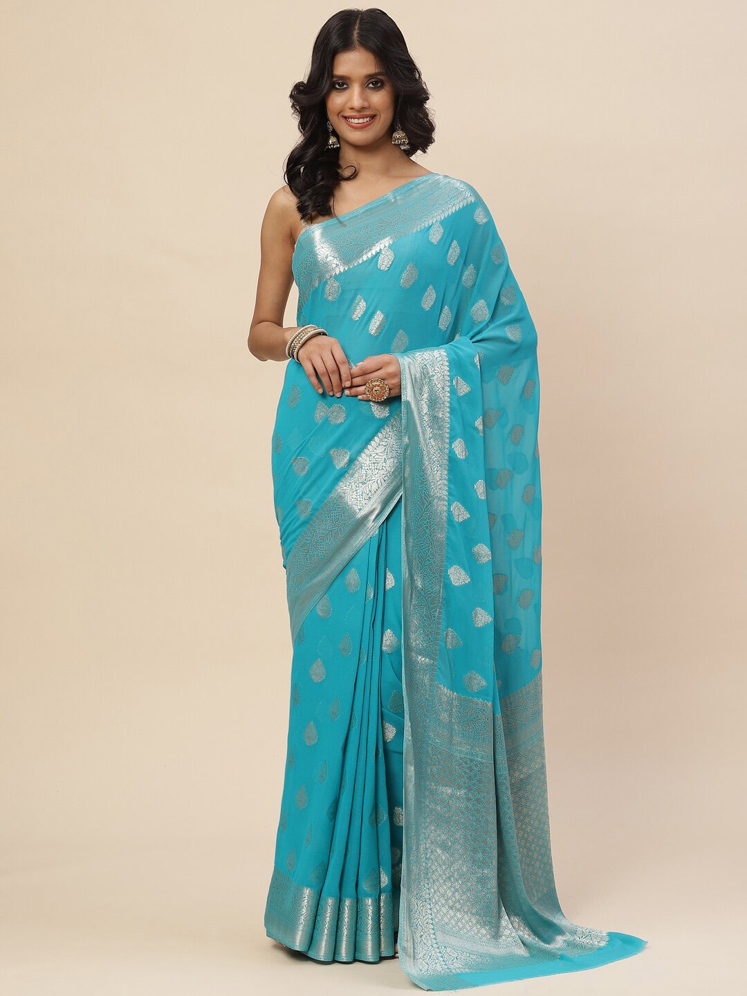 

Meena Bazaar Blue & Silver-Toned Woven Design Zari Saree