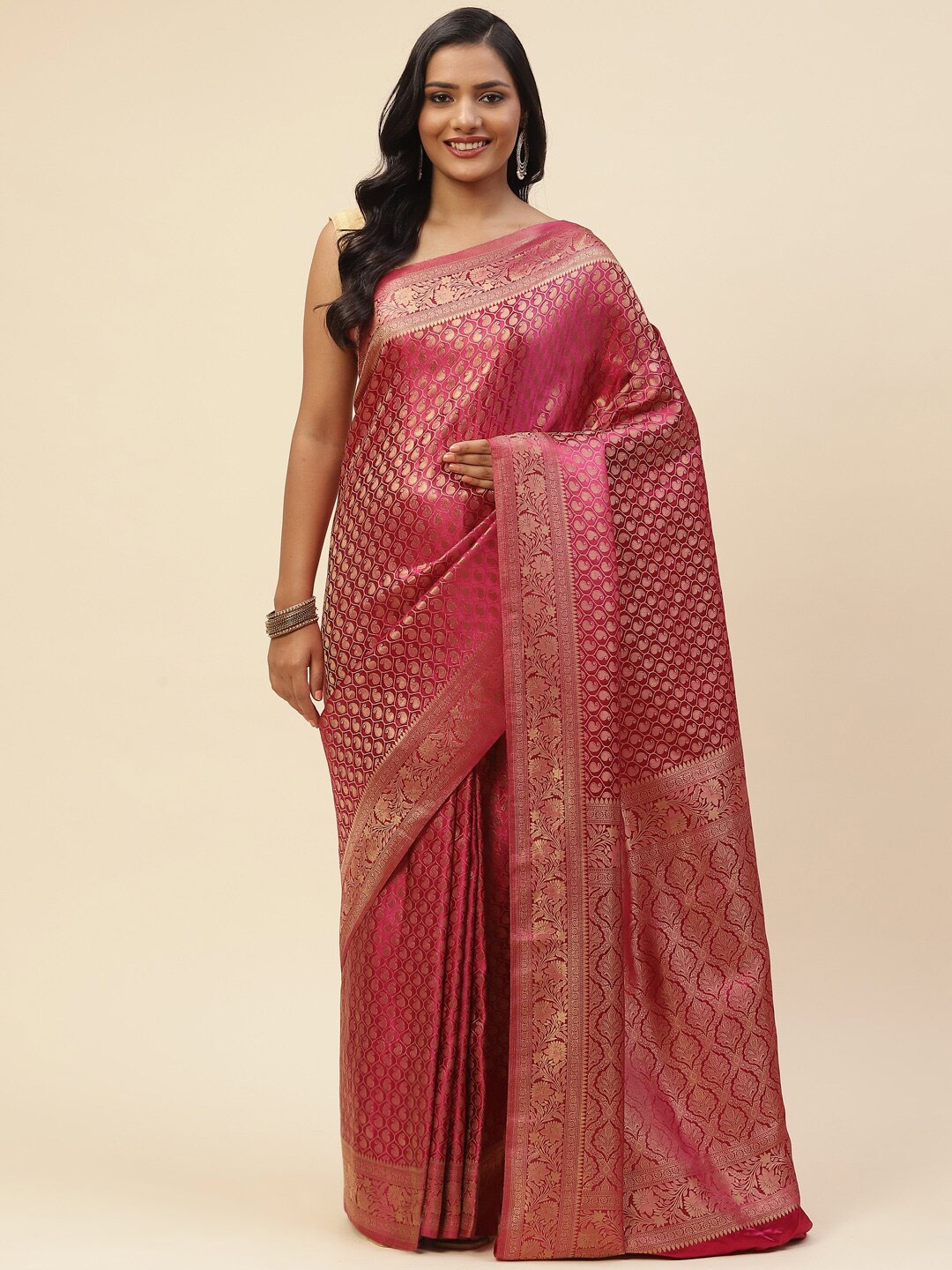 

Meena Bazaar Burgundy & Gold-Toned Ethnic Motifs Zari Satin Saree