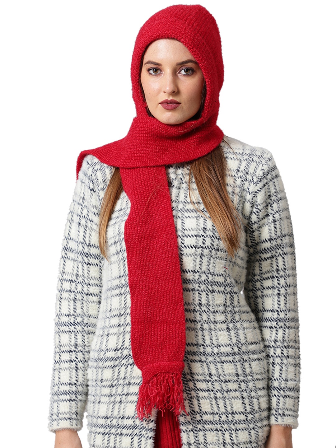 

ELLIS Women Red Beanie With Attached Muffler