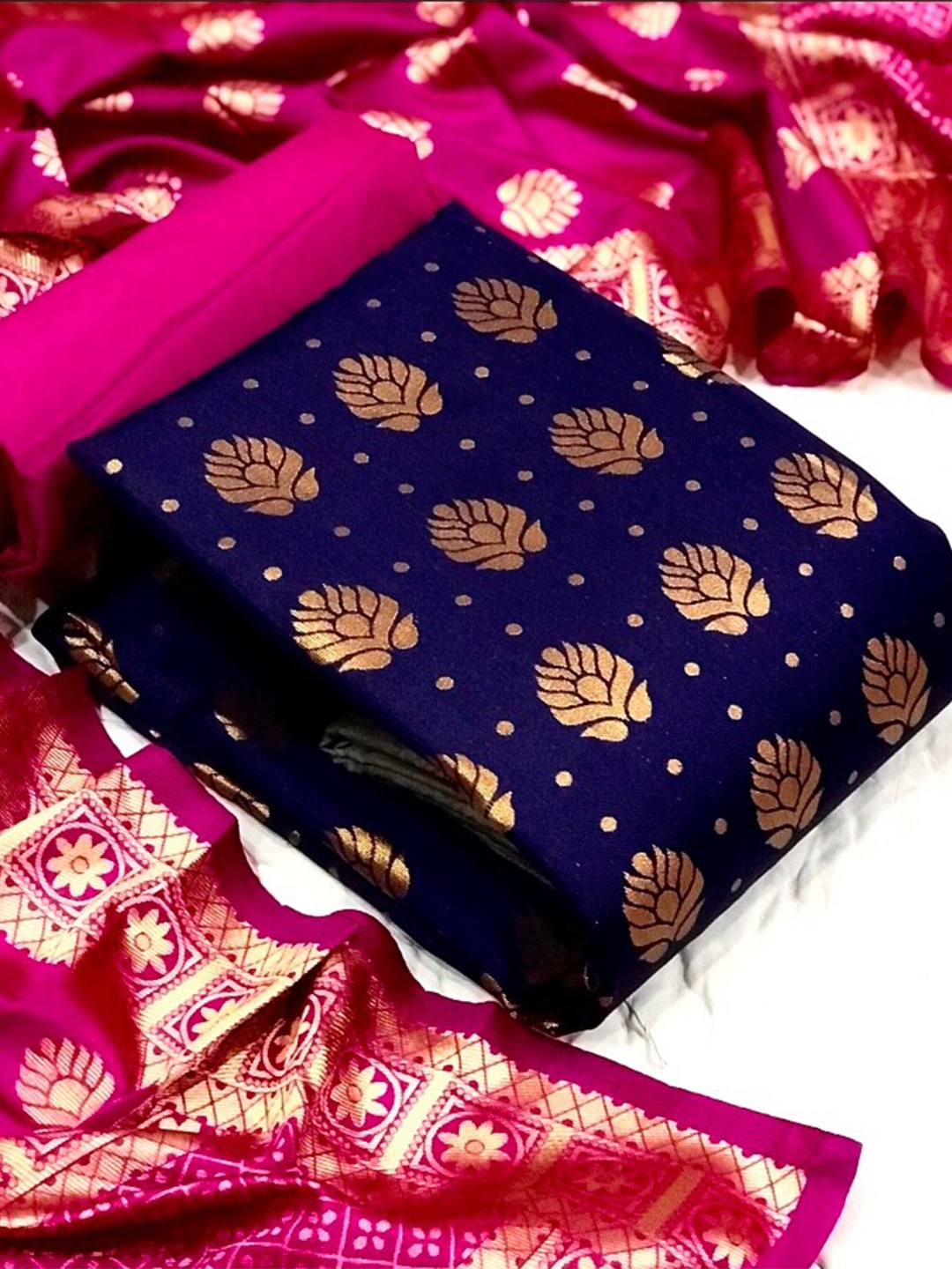 

MORLY Navy Blue & Pink Dupion Silk Unstitched Dress Material