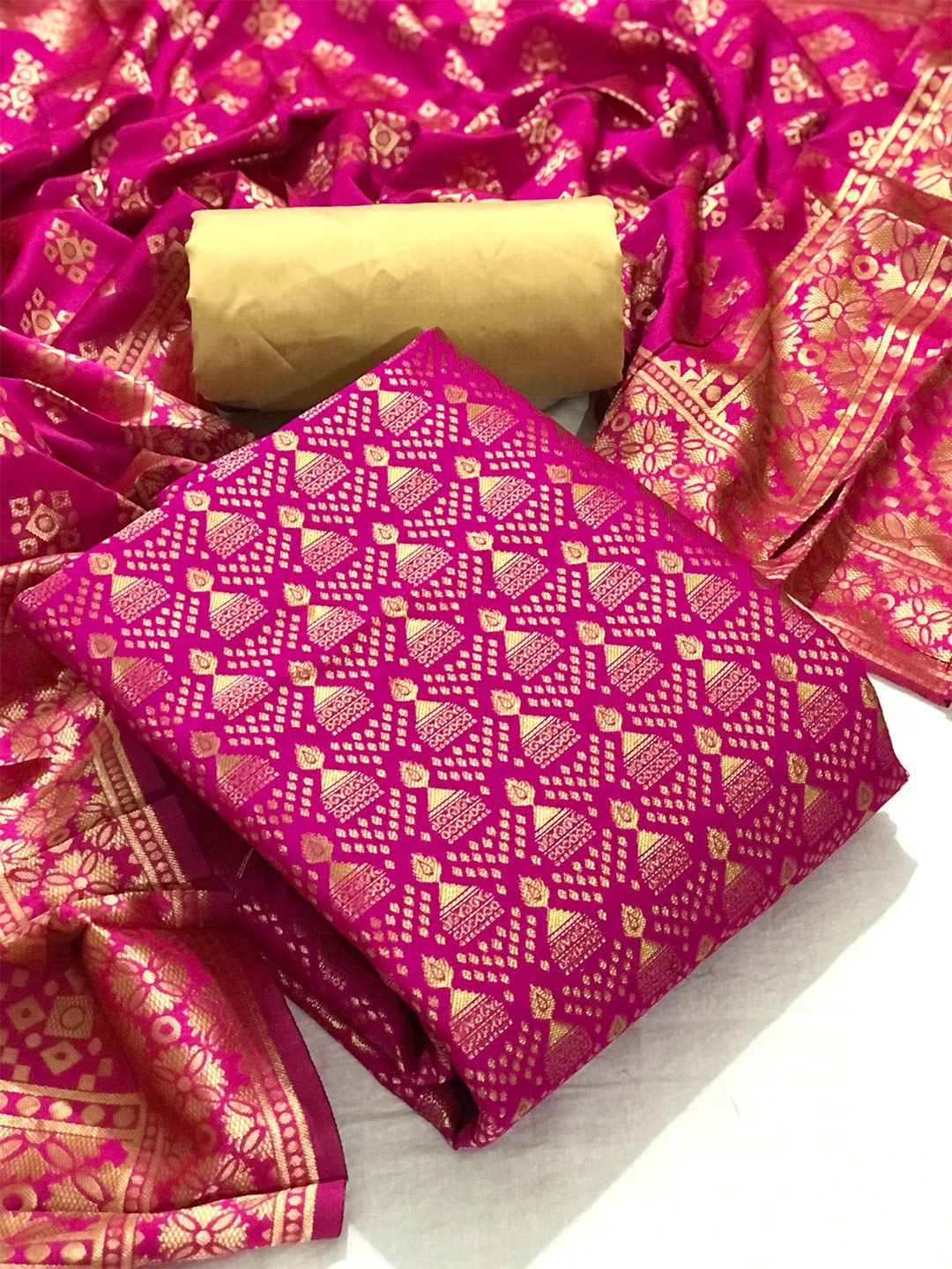 

MORLY Pink & Gold-Toned Dupion Silk Unstitched Dress Material