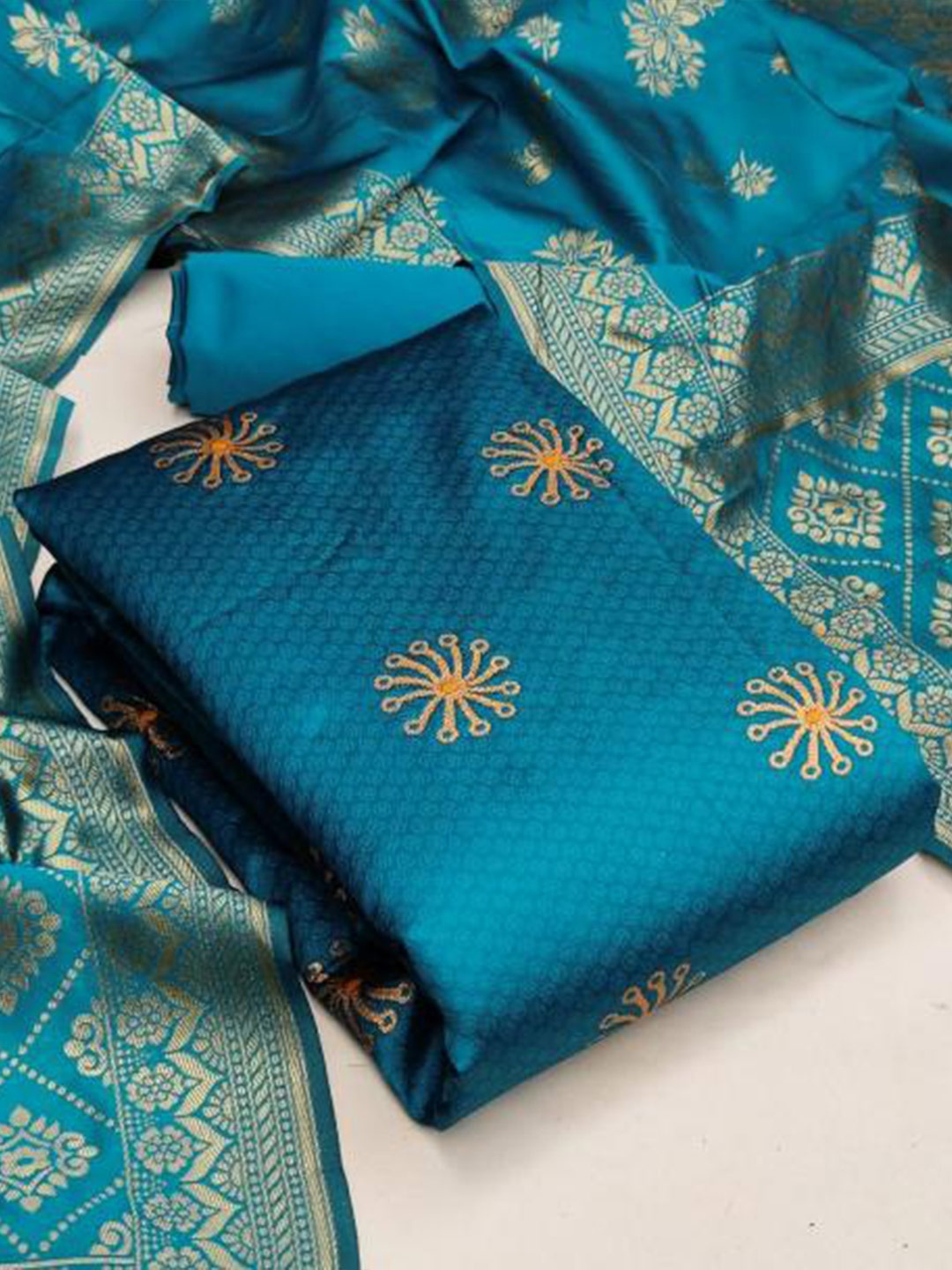 

MORLY Blue & Gold-Toned Dupion Silk Unstitched Dress Material