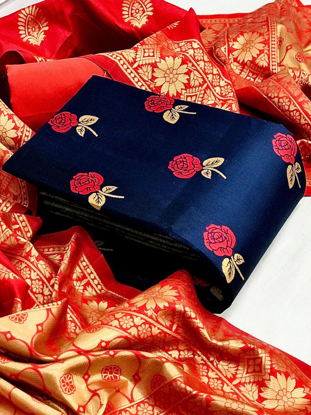 

MORLY Navy Blue & Red Dupion Silk Unstitched Dress Material