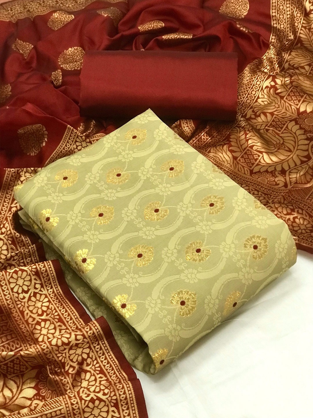 

MORLY Beige & Maroon Dupion Silk Unstitched Dress Material