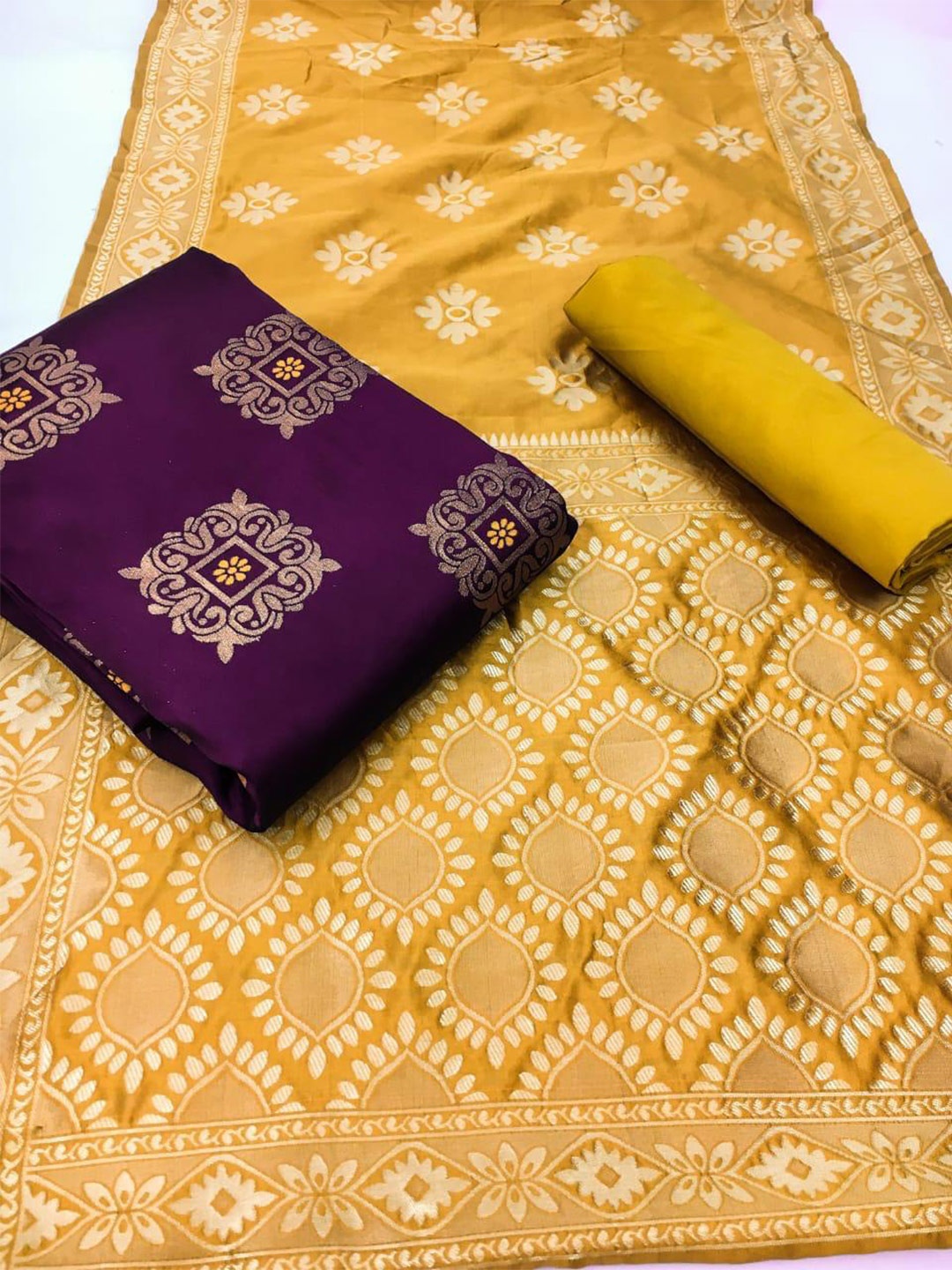 

MORLY Purple & Yellow Dupion Silk Unstitched Dress Material