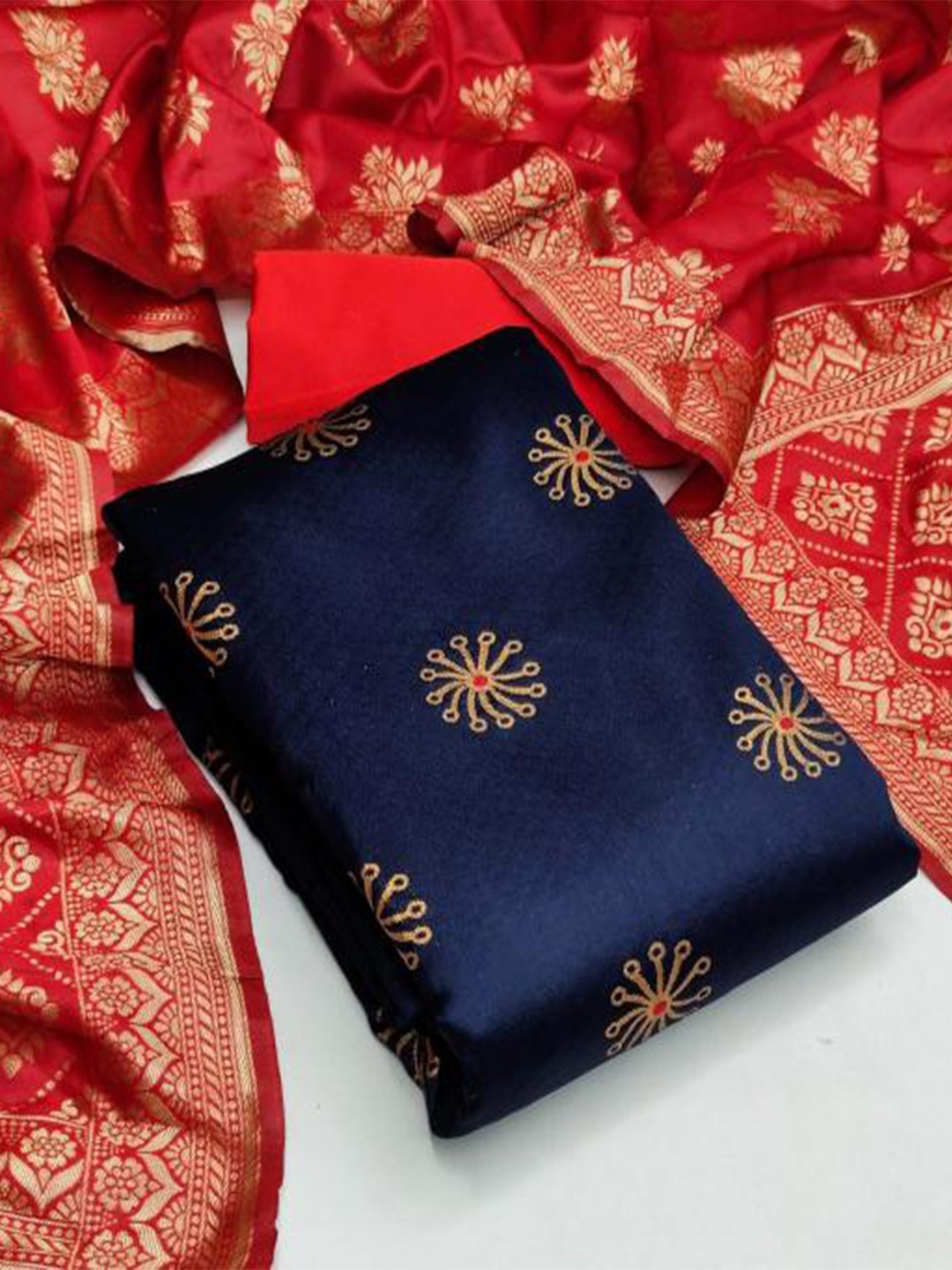 

MORLY Navy Blue & Red Dupion Silk Unstitched Dress Material