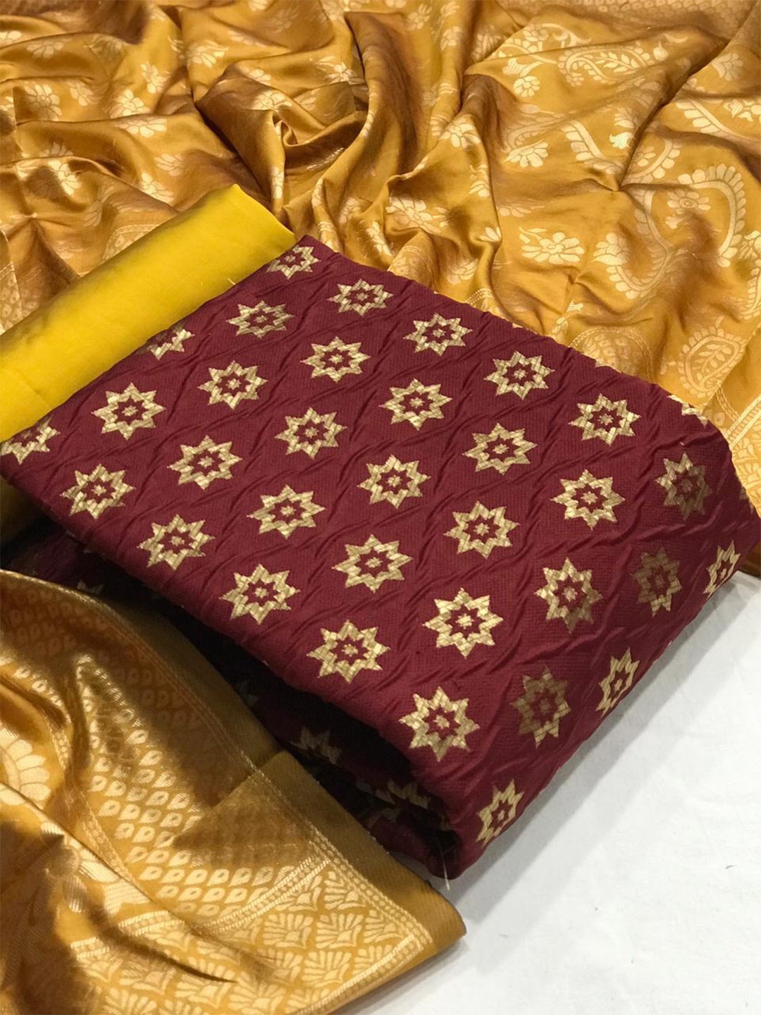 

MORLY Maroon & Yellow Dupion Silk Unstitched Dress Material