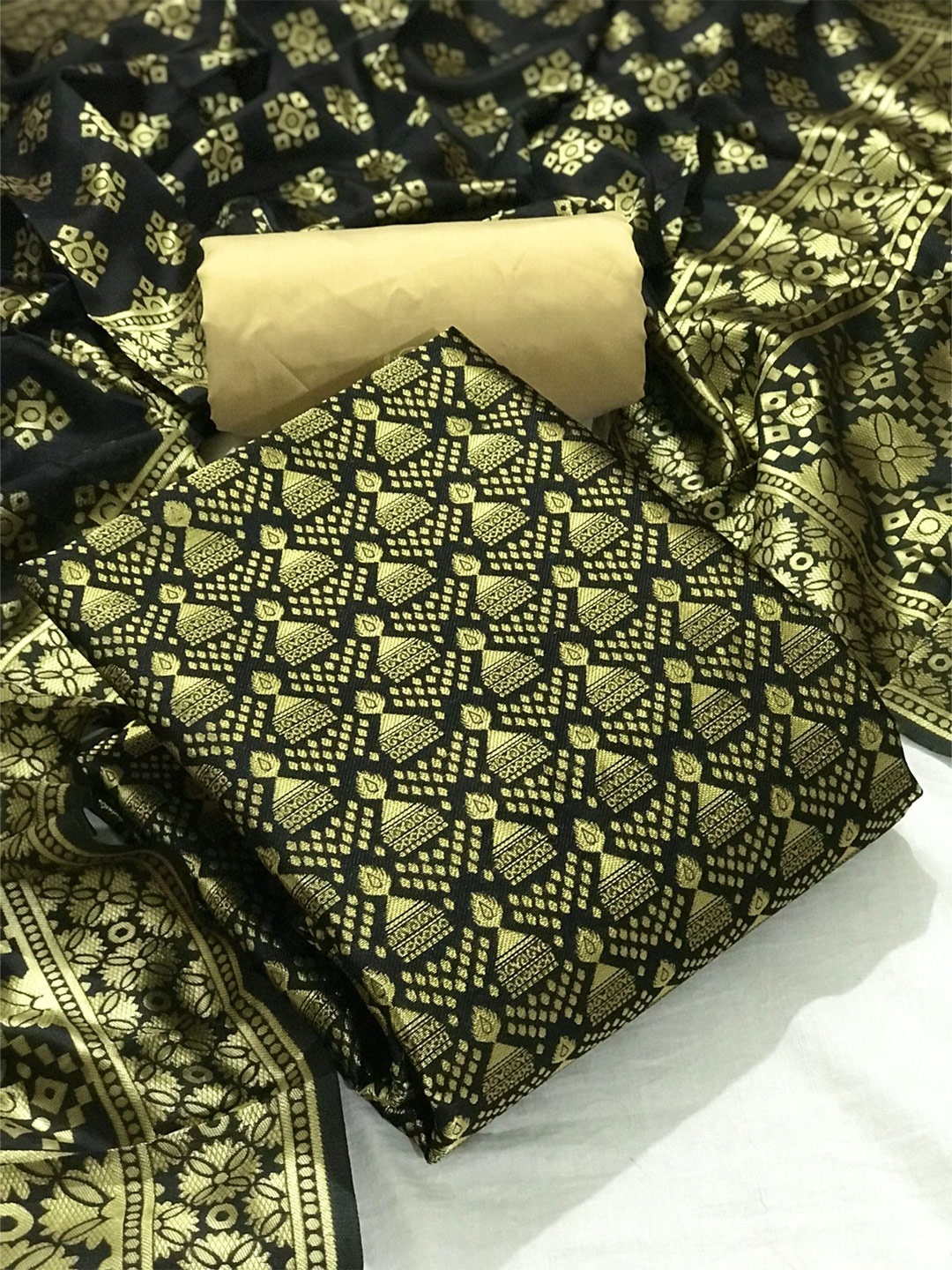 

MORLY Black & Gold-Toned Woven Design Dupion Silk Unstitched Dress Material