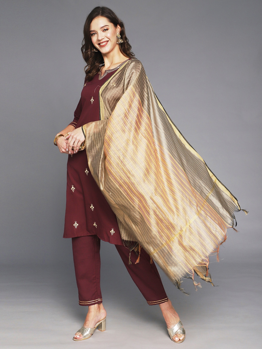 

Anubhutee Women Maroon Ethnic Motifs Embroidered Thread Work Kurta with Trousers & With Dupatta