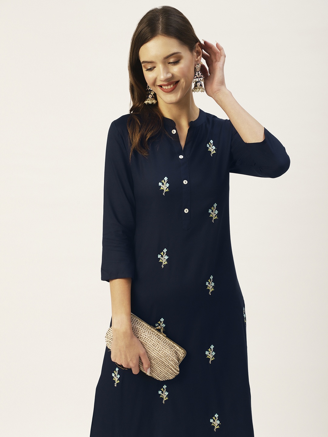 

Anubhutee Women Navy Blue Ethnic Motifs Embroidered Kurta with Trousers