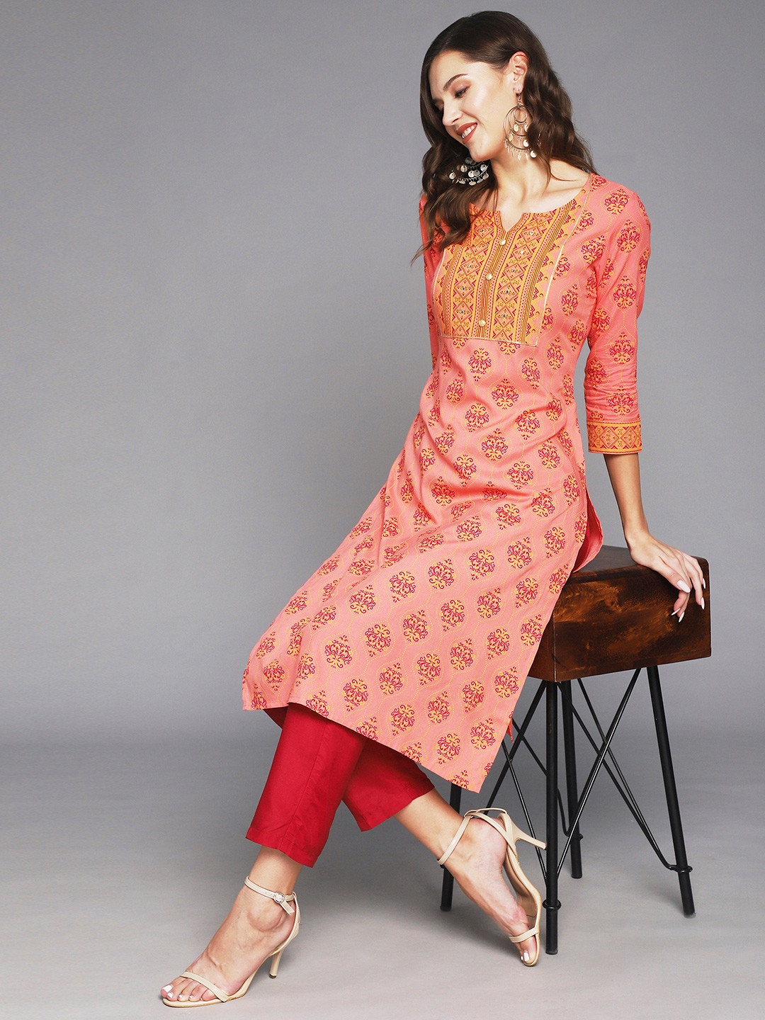

Anubhutee Women Orange Ethnic Motifs Embroidered Kurta