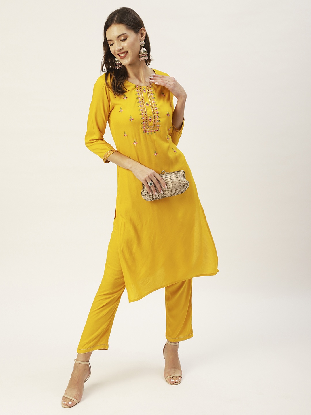 

Anubhutee Women Yellow Ethnic Motifs Embroidered Thread Work Kurta with Trouser