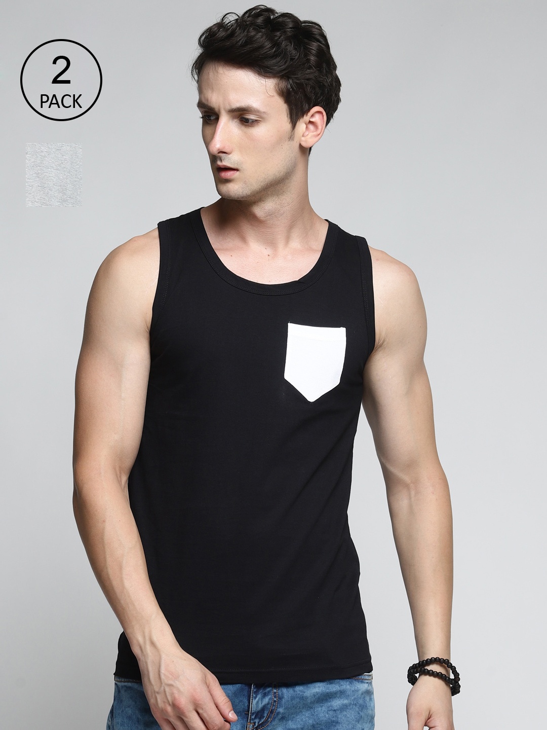 

Trends Tower Men Pack Of 2 Black & Grey Solid Cotton Innerwear Tank Vests