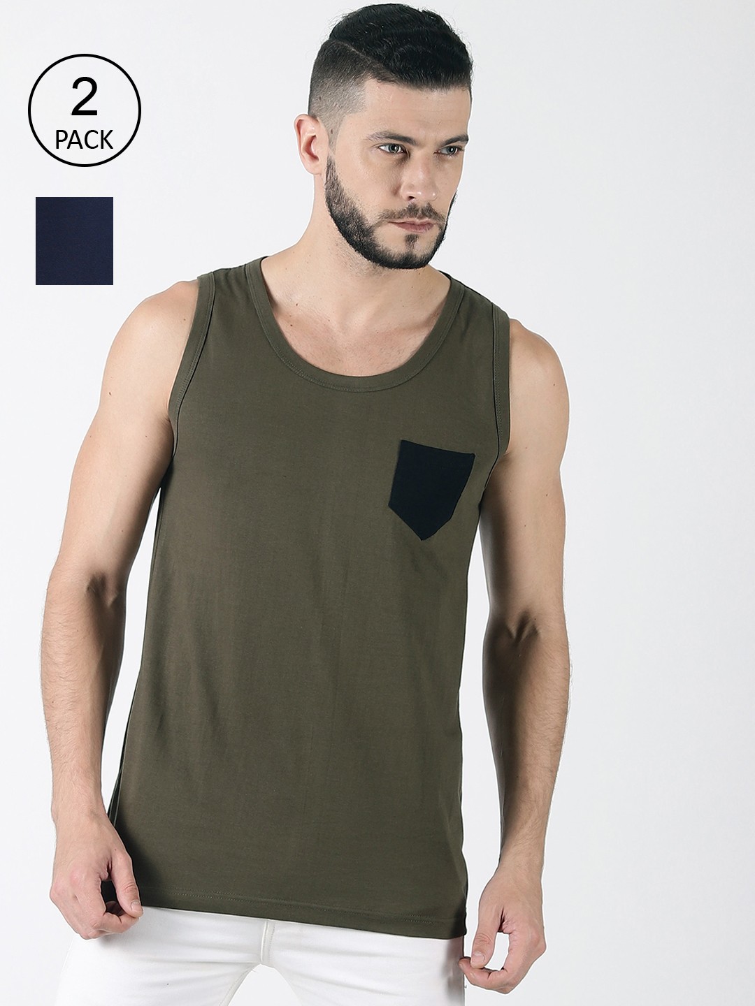 

Trends Tower Men Pack Of 2 Solid Cotton Innerwear Tank Vests, Navy blue