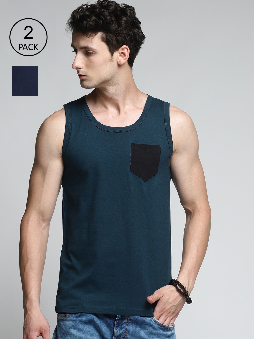 

Trends Tower Men Pack Of 2 Solid Cotton Innerwear Tank Vests, Navy blue