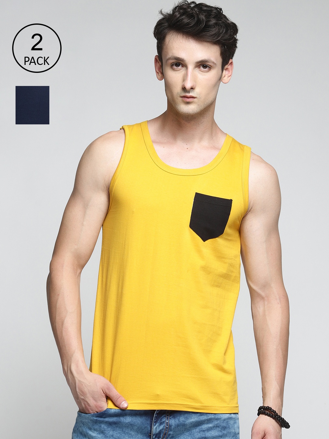

Trends Tower Men Pack Of 2 Solid Cotton Innerwear Vests, Navy blue
