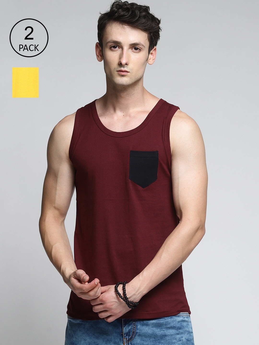 

Trends Tower Men Pack Of 2 Solid Cotton Tank Vests, Yellow