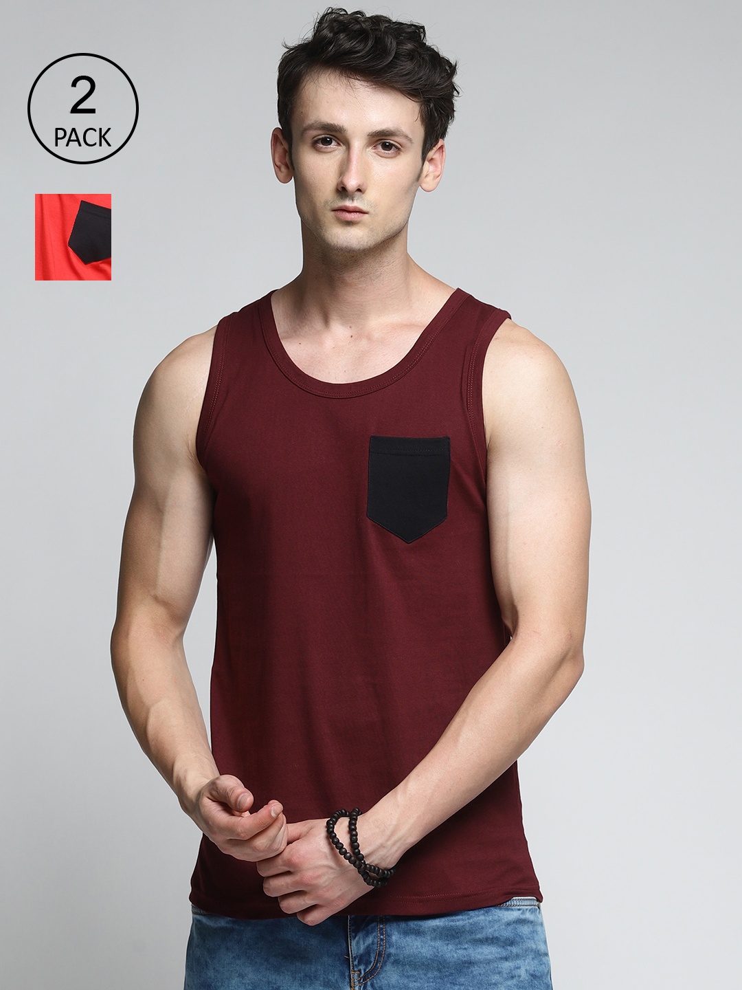 

Trends Tower Men Pack Of 2 Solid Cotton Tank Vests, Red