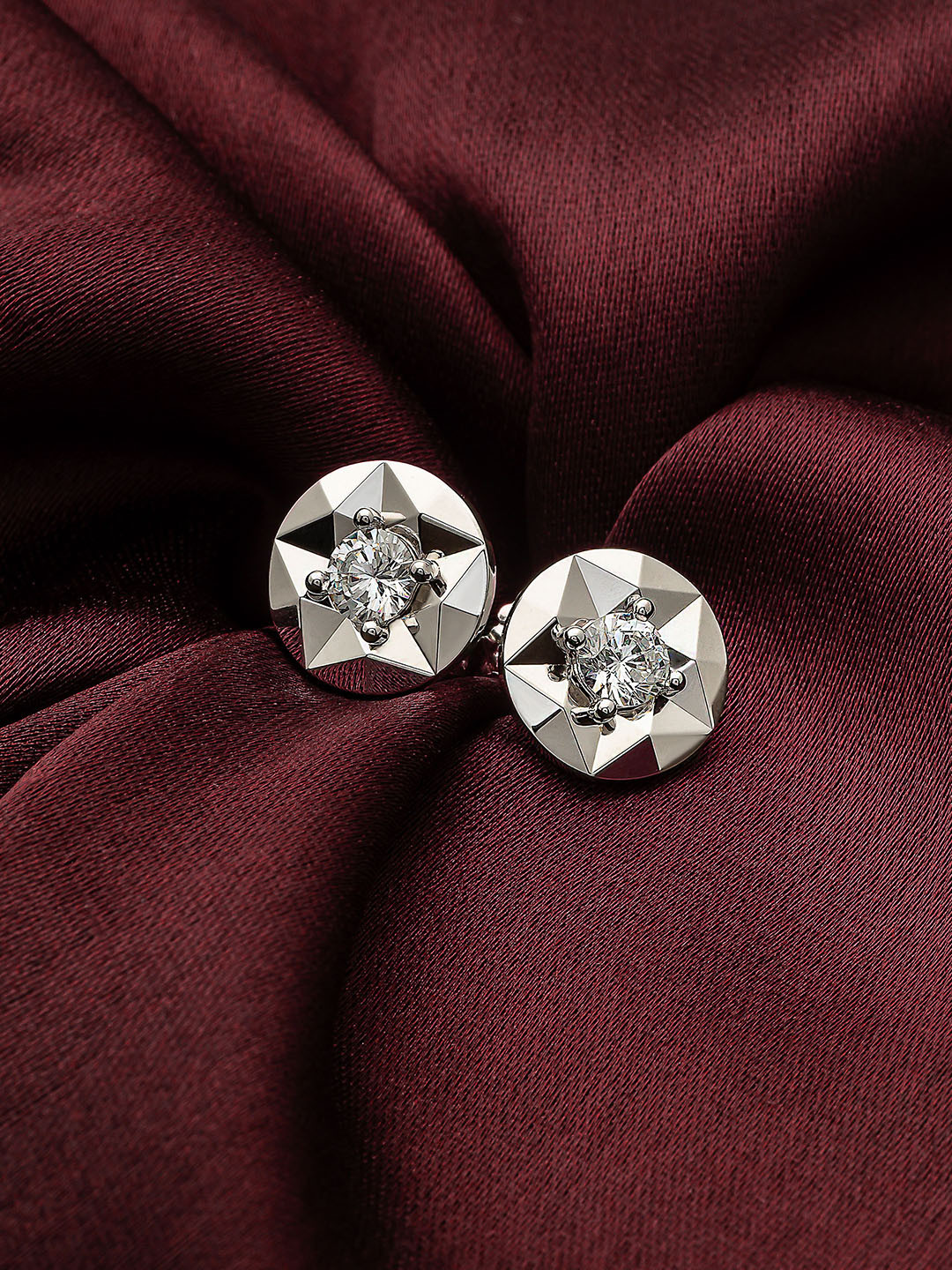 

SILBERRY Silver-Toned Rhodium Plated Circular Studs Earrings