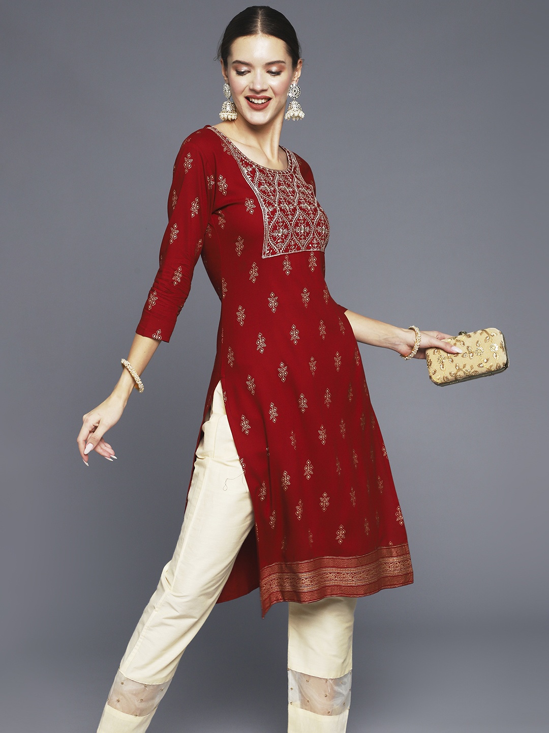 

Anubhutee Women Maroon Ethnic Motifs Printed Kurta