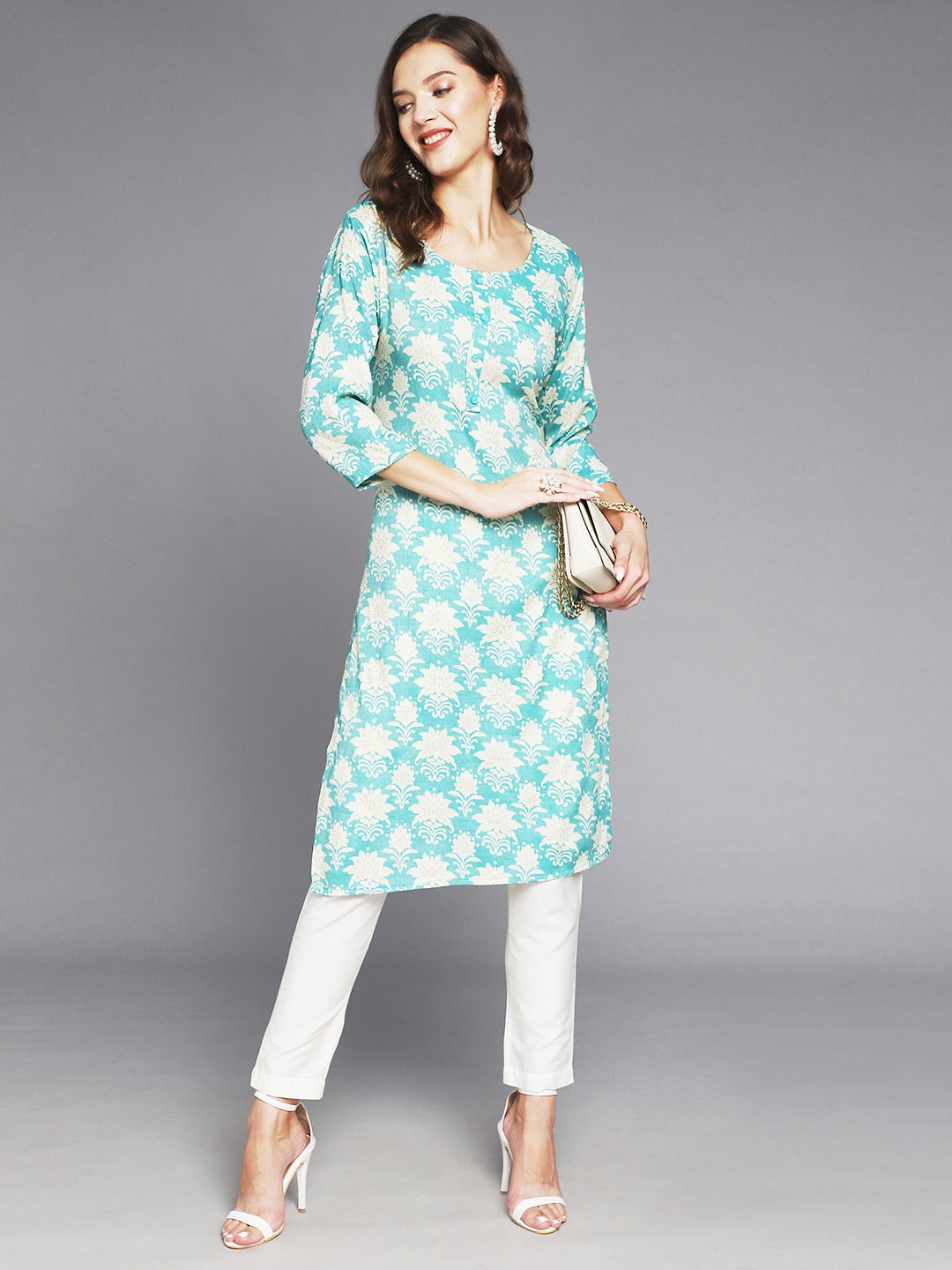 

Anubhutee Floral Printed Straight Kurta, Turquoise blue